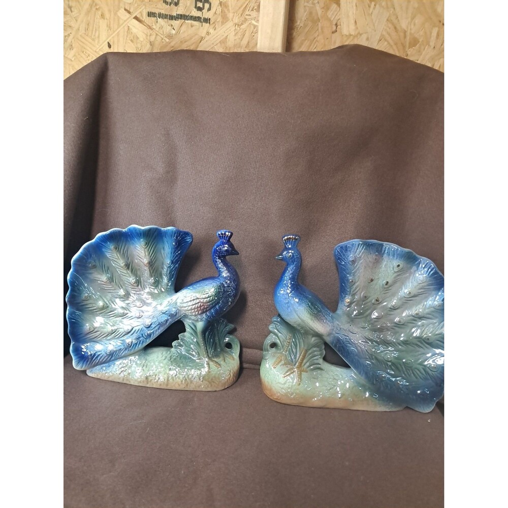 2 Lusterware Peacocks With Fanned Out Tails